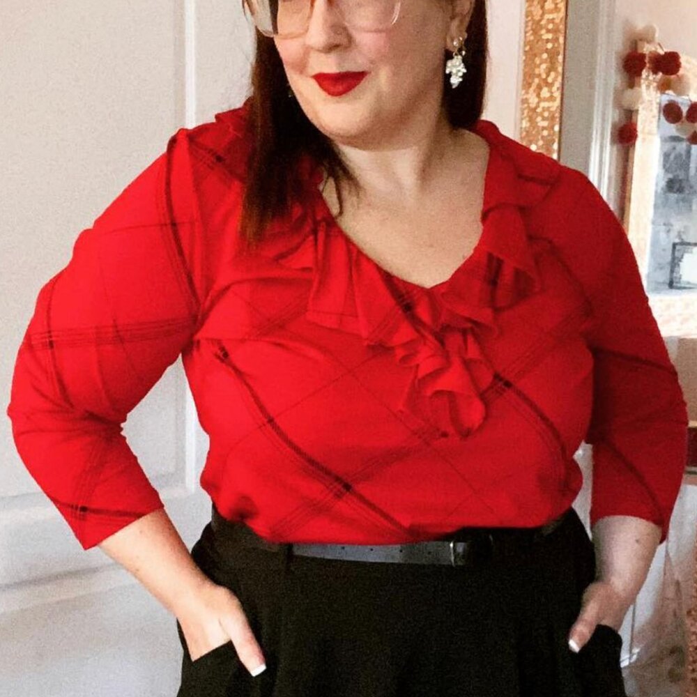 LIKE NEW! Lauren by Ralph Lauren Red & Black Plaid Ruffled Blouse